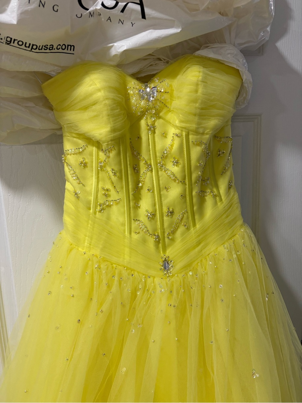 Camille La Vie Yellow Strapless Beaded Tulle Wedding Dress